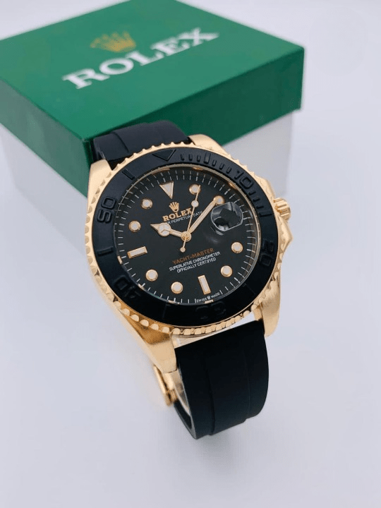 "Golden Rolex Men's Watch – Stylish Design with Adjustable Rubber Strap & Steel Bezel" - zyrenstore