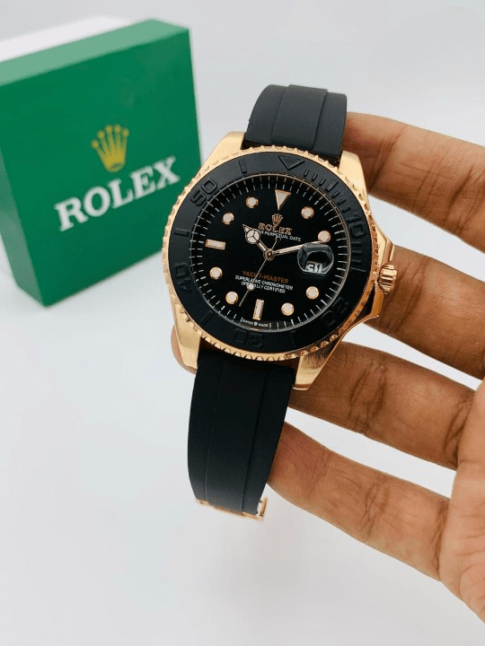 "Golden Rolex Men's Watch – Stylish Design with Adjustable Rubber Strap & Steel Bezel" - zyrenstore